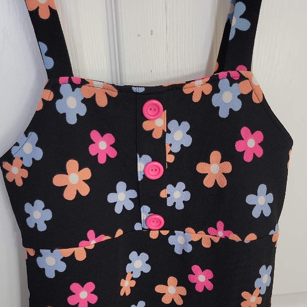Jenna & Jessie Black Floral Pique Mini Dress Girls 10 Stretch - Picture 4 of 11
